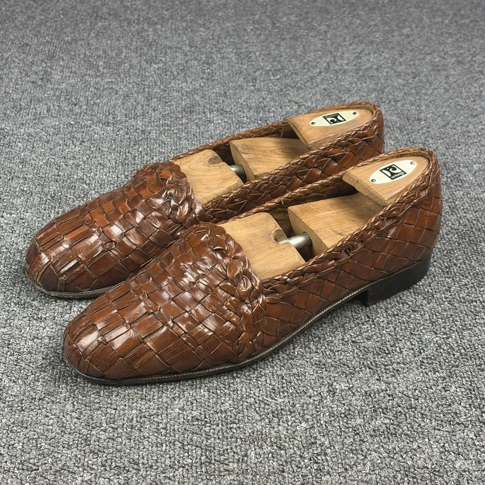 Moreschi Woven Leather Loafers Mens 10 Brown Handmade Italy Basket Weave Slip On